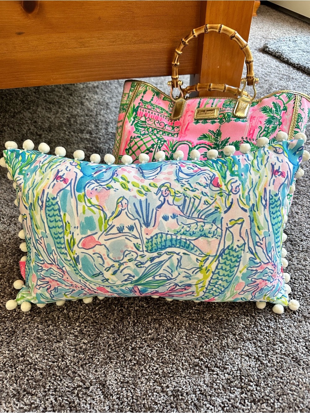 Lilly Pulitzer Pastel Mermaid Pom-Pom Lumbar Pillow - Blue Pink Green